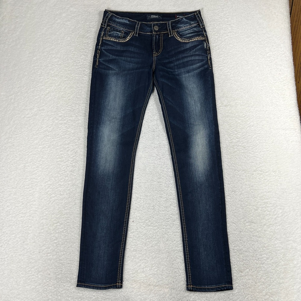 Silver Jeans Womens 27 (31x32.5 )Blue Suki Super Skinny Flap Pocket Denim Embroi